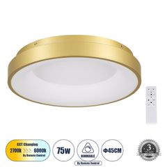 GLOBOSTAR® SALEM 61235 Μοντέρνο Φωτιστικό Οροφής LED 75W 8625lm 120° AC 220-240V IP20 Ρυθμιζόμενο Λευκό CCT με Χειριστήριο από 2700K έως 6000K Dimmable - Lumileds SMD Chip - Χρυσό - Μ45 x Π45 x Υ8.5cm