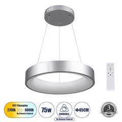 GLOBOSTAR® SALEM 61242 Μοντέρνο Κρεμαστό Φωτιστικό Οροφής LED 75W 8625lm 120° AC 220-240V IP20 Ρυθμιζόμενο Λευκό CCT με Χειριστήριο από 2700K έως 6000K Dimmable - Lumileds SMD Chip - Γκρι - Μ45 x Π45
