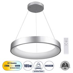 GLOBOSTAR® SALEM 61246 Μοντέρνο Κρεμαστό Φωτιστικό Οροφής LED 105W 12075lm 120° AC 220-240V IP20 Ρυθμιζόμενο Λευκό CCT με Χειριστήριο από 2700K έως 6000K Dimmable - Lumileds SMD Chip - Γκρι - Μ60 x Π6