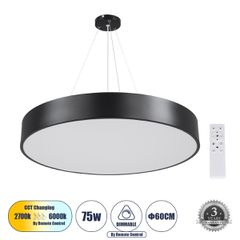 GLOBOSTAR® BURTON 61202 Μοντέρνο Κρεμαστό Φωτιστικό Οροφής LED 75W 8625lm 120° AC 220-240V IP20 Ρυθμιζόμενο Λευκό CCT με Χειριστήριο από 2700K έως 6000K Dimmable - Lumileds SMD Chip - Μαύρο Ματ - Μ60