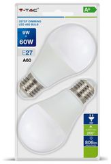 V-TAC Λάμπα LED E27 9W A60 dimmable 3 βημάτων φυσικό λευκό συσκευασία blister 2 τμχ. SKU: 7289