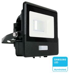 V-TAC Προβολέας LED 10W 100° 735lm IP65 Samsung Chip με Αισθητήρα Κίνησης και Ενσωματωμένο Στυπιοθλίπτη Μαύρο Σώμα Ζεστό Λευκό 20256