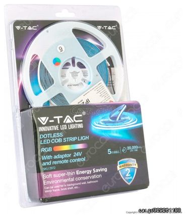 V-TAC LED ταινία RGB COB Μήκους 5m Και 422 LED ανά Μέτρο Σετ με Τηλεχειριστήριο και Τροφοδοτικό 13W/m IP20 220V 2972