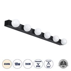 GLOBOSTAR® BELLA 60452 Μοντέρνο Φωτιστικό Τοίχου - Απλίκα Καθρέπτη Μπάνιου LED 18W 2052lm 300° AC 220-240V IP20 Φυσικό Λευκό 4500K - Bridgelux COB Chip & TÜV SÜD Driver - Μαύρο Ματ - Μ70 x Π11 x Υ6cm