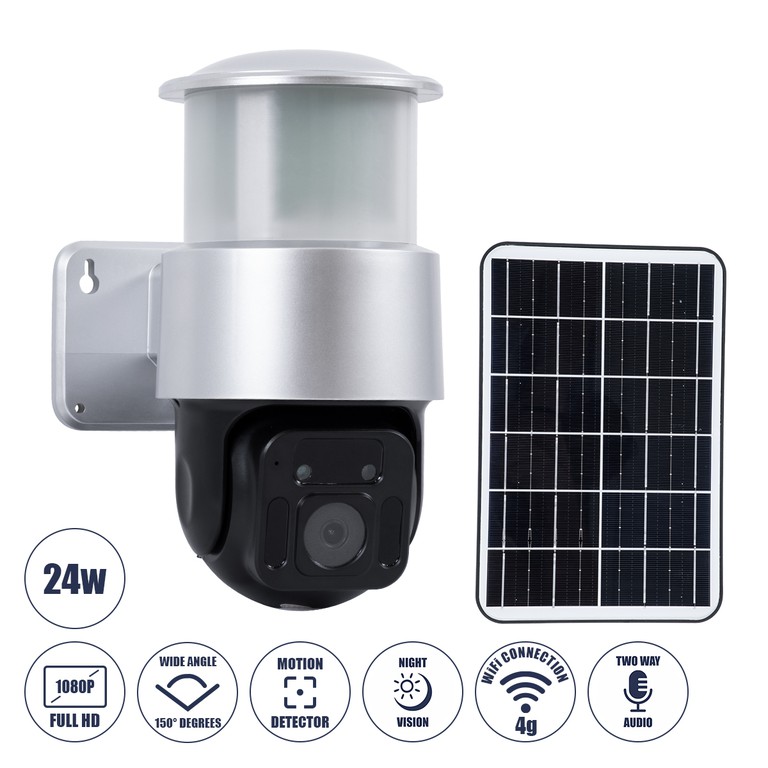 GloboStar® 86046 Αυτόνομος Ηλιακός Προβολέας LED SMD 24W 1200lm Camera 1080P 2MP WiFi 150° Μπαταρία 3200mAh Φωτοβολταϊκό Πάνελ Αισθητήρα Ημέρας-Νύχτας & Ρύθμιση Χρόνου Διπλή Κατέυθυνση Ομιλίας Αδιάβρο