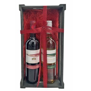 Ξύλινο τελάρο κάβας με 2 μπουκάλια κρασί Castelli Romani Andreassi