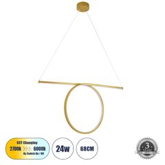 GLOBOSTAR® ROME 61297 Μοντέρνο Κρεμαστό Φωτιστικό Οροφής LED 24W 2640lm 200° AC 220-240V IP20 Ρυθμιζόμενο Λευκό CCT με On/Off 2700K/4500K/6000K - Lumileds SMD Chip - Χρυσό Βούρτσας - Μ65.5 x Π4 x Υ33c