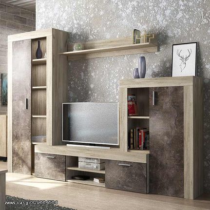 0206443 Σύνθεση TV μελαμίνης Dexter Megapap χρώμα γκρι oak - dark atelier 300x40x200εκ. Μοριοσανίδα με επένδυση μελαμίνης, 1 Τεμάχιο