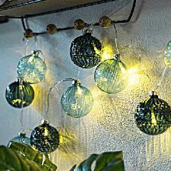10 Γυάλινες μπάλες πράσινες 6cm με θερμό φως led 5mm με μετασχηματιστή & διάφανο καλώδιο IP44
