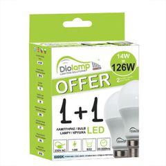 Λάμπα led τύπου αχλάδι A60 B22 14W 230V 4000k ενδιάμεσο λευκό φως 1180Lm σε blister 2 τμχ