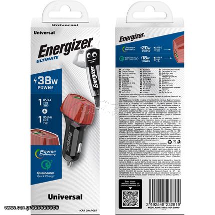 Φορτιστής Αυτοκινήτου Energizer D38WO με PD, QC με έξοδο USB-C/USB-A 38W/4A  Καφέ ΕΧ