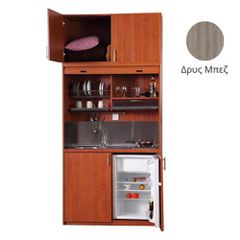 Πολυκουζίνα mini kitchen 125cm με πατάρι & αριστερή γούρνα απόχρωση δρυς μπεζ για ξενώνες, γραφεία & φοιτητικά studio