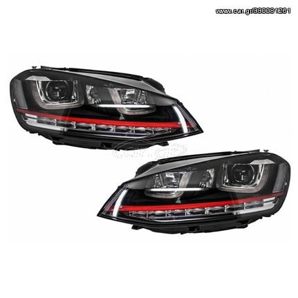 Μπροστινά Φανάρια Set Για Vw Golf VIΙ (7) 12-17 DRL U-Type GTI Μαύρα/Κόκκινο H7/H7 Με Μοτέρ Carner