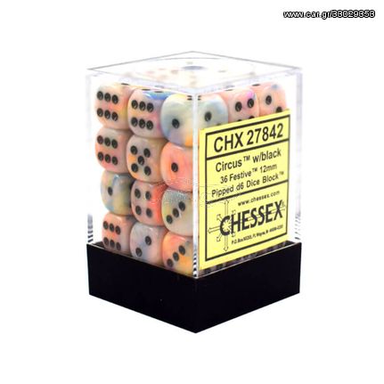 Chessex Signature 12mm d6 with pips Dice Blocks (36 Dice) - Festive Circus w/black