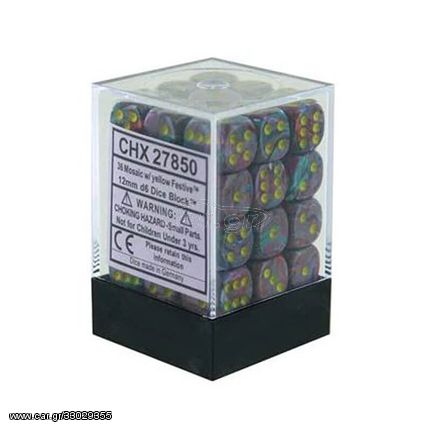 Chessex Signature 12mm d6 with pips Dice Blocks (36 Dice) - Festive Mosaic/yellow