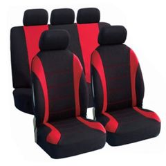 Πλήρες Σετ 9τμχ Universal Προστατευτικά Υφασμάτινα Καλύμματα Καθισμάτων & Μαξιλαριών Αυτοκινήτου με Κόκκινες Ραφές & Μαύρο