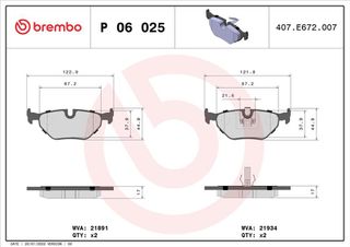 Σετ τακάκια, δισκόφρενα  P06025 SFP100407 SFP100520 SFP90005 SFP90005A 34211160533 34211164499 34211164501 34212157574 34212157575 34212157620 34212157622 34214398213 34216750190 34216761239 342167612