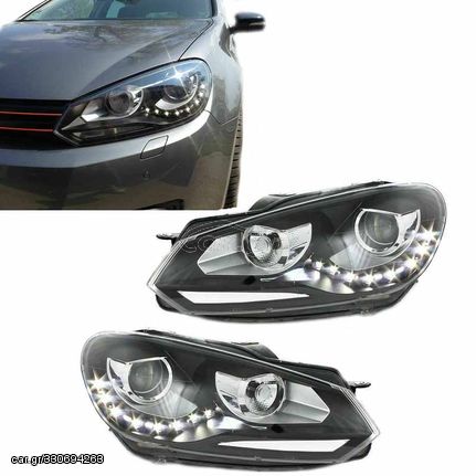 Μπροστινά Φανάρια Set Για Vw Golf VΙ (6) 08-12 TRU DRL GTI Μαύρα H7 Με Μοτέρ Depo AutoEuro