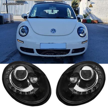 Μπροστινά Φανάρια Set Για Vw New Beetle 06-12 DRL Μαύρα H7 Με Μοτέρ Sonar AutoEuro