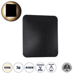 GLOBOSTAR® HELIO-S 60495 Μοντέρνο Φωτιστικό Τοίχου - Απλίκα LED 7W 840lm 120° AC 220-240V Αδιάβροχο IP65 Φυσικό Λευκό 4500K - Lumileds SMD Chip & TÜV SÜD Driver - Μαύρο Ματ - Μ16 x Π5 x Υ16cm - 5 Χρόν