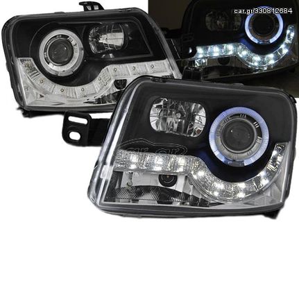 Μπροστινά Φανάρια Set Για Fiat Panda 03-09 DRL & Angel Eyes Μαύρα H3/H1 Με Μοτέρ JunYan