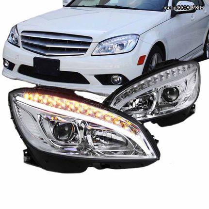 Μπροστινά Φανάρια Set Για Mercedes-Benz C-Class W204 07-10 DRL Tube Lights W222 Look Dynamic Φλας Χρωμίου H9/H9 Με Μοτέρ JunYan