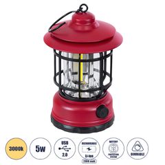 GloboStar® 85694 Αυτόνομο Επαναφορτιζόμενο Φανάρι Camping LED 5W USB 2.0 με Επαναφορτιζόμενη Μπαταρία 1 x 18650 2000mAh Li-ion - IP20 - Dimmable - Κόκκινο με Διάφανο Γυαλί - Θερμό Λευκό 3000K Φ12 x Υ1