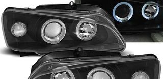 Φανάρια εμπρός angel eyes για Peugeot 106 , μαύρα , με λάμπες (Η1) - σετ 2τμχ.