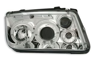 Φανάρια εμπρός Vw Bora angel eyes - chrome , με λάμπες (Η1) - σετ 2τμχ.