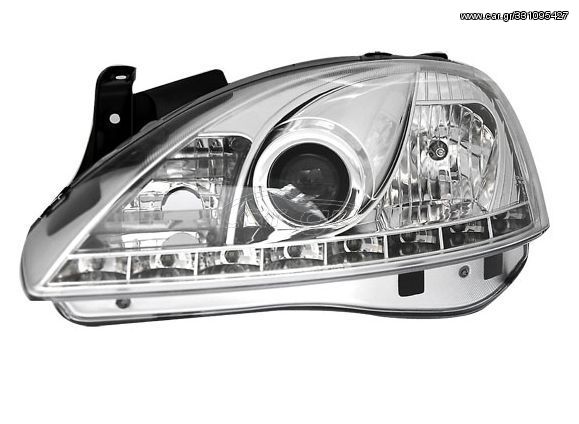 Φανάρια εμπρός led για Opel Corsa C (2001-2006) - chrome , με λάμπες (Η1) - σετ 2τμχ.