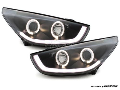 Φανάρια εμπρός angel eyes για Hyundai Tucson IX35 (2010+) - μαύρα , με λάμπες (Η1) - σετ 2τμχ.