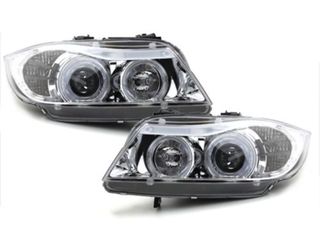 Φανάρια εμπρός angel eyes για BMW E90 (2005+) - chrome , με λάμπες (Η1) - σετ 2τμχ.