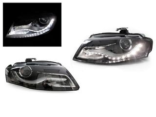 Φανάρια εμπρός με DRL led για Audi A4 B8 (2007-2011) -μαύρα , με λάμπες (Η1) - σετ 2τμχ.