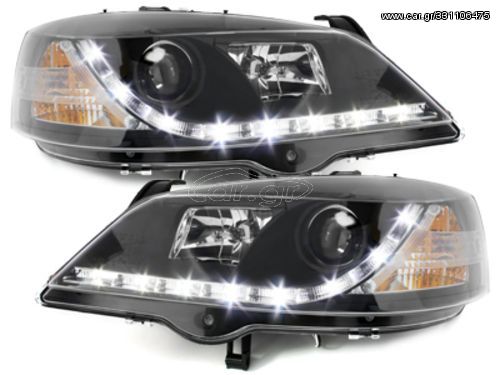 Φανάρια εμπρός led με φώτα ημέρας για Opel Astra G (1998-2004) - μαύρα , με λάμπες (Η1) - σετ 2τμχ.