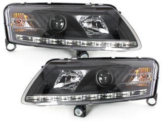 Φανάρια εμπρός Audi A6 με φώτα ημέρας led (2004-2007) - μαύρα , με λάμπες (Η1) - σετ 2τμχ.