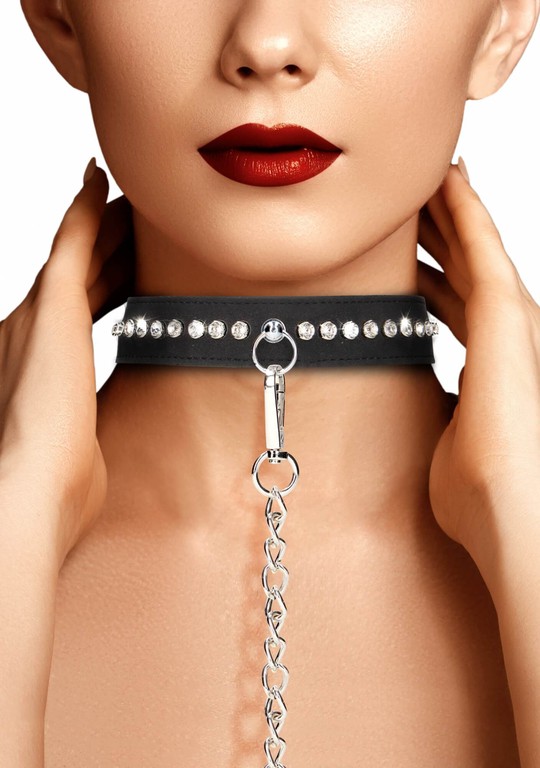 Ouch! Diamond Studded Collar With Leash - Black