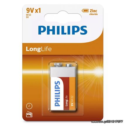 PHILIPS LongLife Zinc chloride μπαταρία 6F22L1B/10, 6F22 9V, 1τμχ