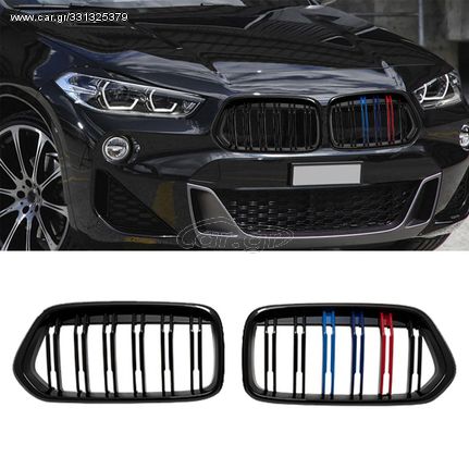 Καρδιές Μάσκας Για Bmw X2 F39 18+ M4 Look Με Διπλή Γρίλια Tri-Color Μαύρο Γυαλιστερό 2 Τεμάχια