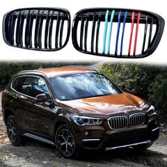 Καρδιές Μάσκας Για Bmw X1 F48 14-19 M4 Look Με Διπλή Γρίλια Tri-Color Μαύρο Γυαλιστερό 2 Τεμάχια  