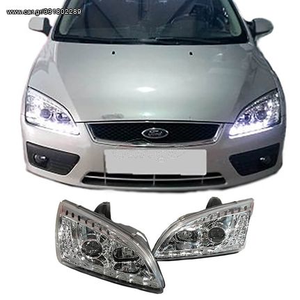 Ζευγάρι Μπροστινά Φανάρια Ford Focus 04-08 DRL & Led Φλας Χρωμίου H1/H1 