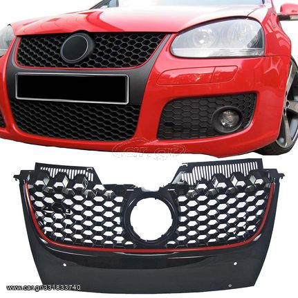 Μάσκα Για Vw Golf V (5) 03-08 / Jetta 05-11 GTI Look Κυψελωτή Με Κόκκινο Σιρίτι 