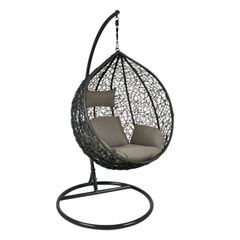 ISABEL Κρεμαστή Πολυθρόνα, Wicker Dark Grey, Μέταλλο Βαφή Σκούρο Γκρι, Μαξιλάρι Καφέ