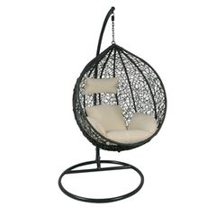 ISABEL Κρεμαστή Πολυθρόνα, Wicker Dark Grey, Μέταλλο Βαφή Σκούρο Γκρι, Μαξιλάρι Εκρού