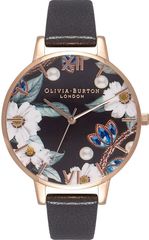 Olivia Burton Flowers Rose Gold Black Leather Strap OB16BF04