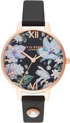 Olivia Burton Flowers Rose Gold Black Leather Strap OB16BF23