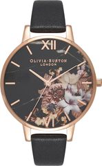 Olivia Burton Marble Floral Rose Gold Black Leather Strap OB16CS01