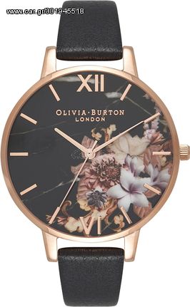 Olivia Burton Marble Floral Rose Gold Black Leather Strap OB16CS01