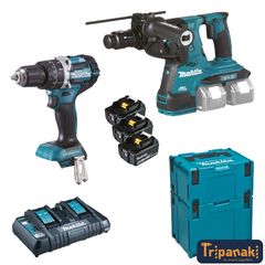 Makita Promo kit DLX2280PTJ - Κρουστικό δραπανοκατσάβιδο DHP484 + ο πιστολέτο 3 λειτουργιών DHR281 μαζι με ταχυφορτιστή, 2 βαλίτσες μεταφοράς MakPac + 3 μπαταρίες 5.0Ah (3×5.0Ah)