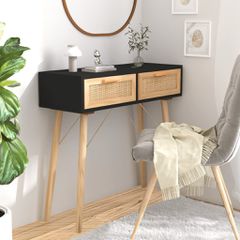 Τραπέζι Κονσόλα Μαύρο 80x30x75 εκ. Μασίφ Πεύκο & Φυσικό Ρατάν 345625