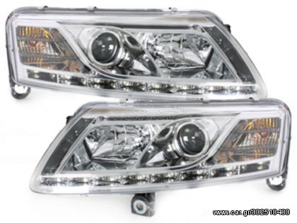 Φανάρια εμπρός για Audi A6 με φώτα ημέρας led (2004-2007) - chrome , χωρίς λάμπες (Η7) - σετ 2τμχ.